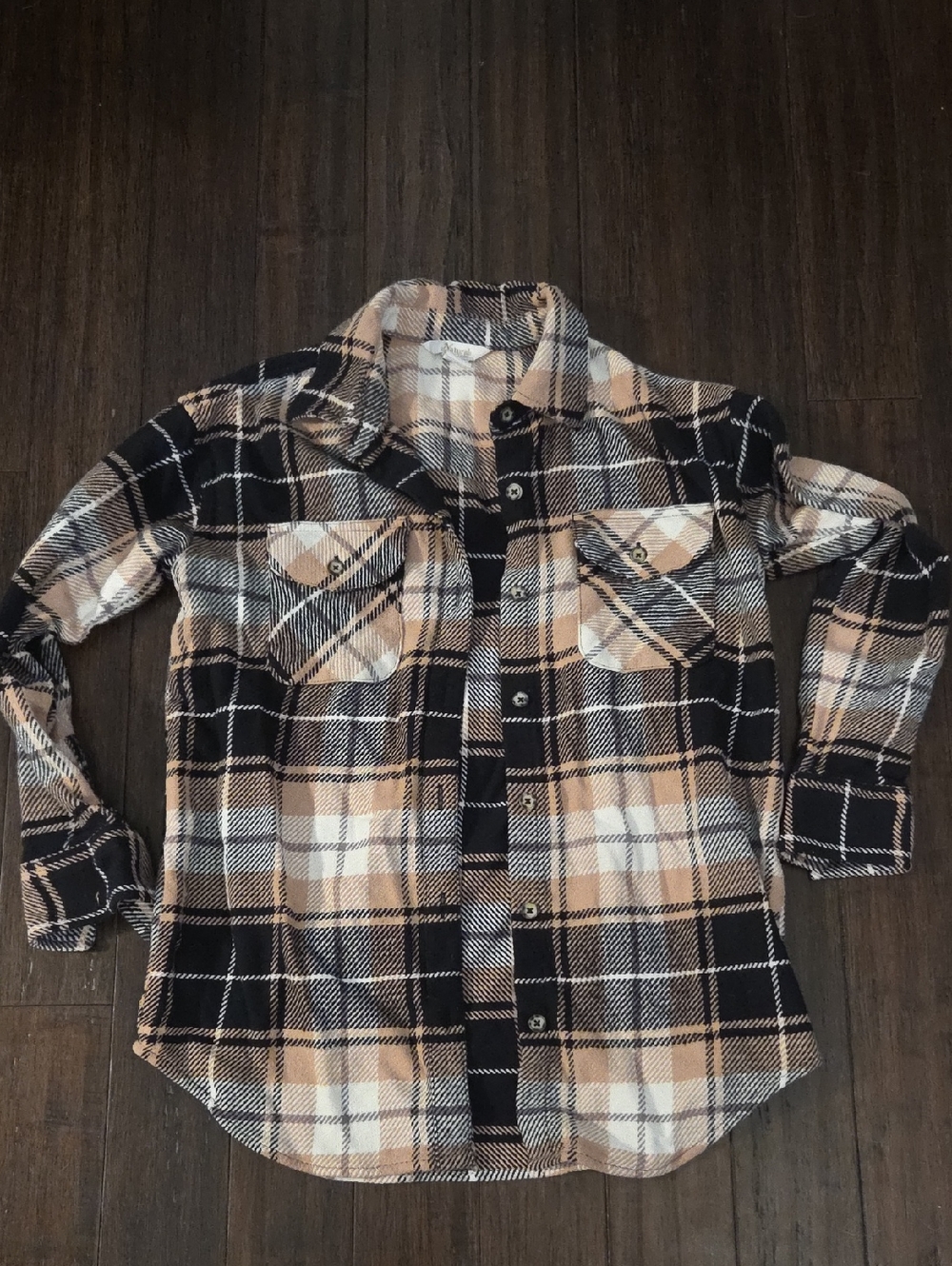 Oversized Plaid Button-Down Shirt - Black, Tan & Cream